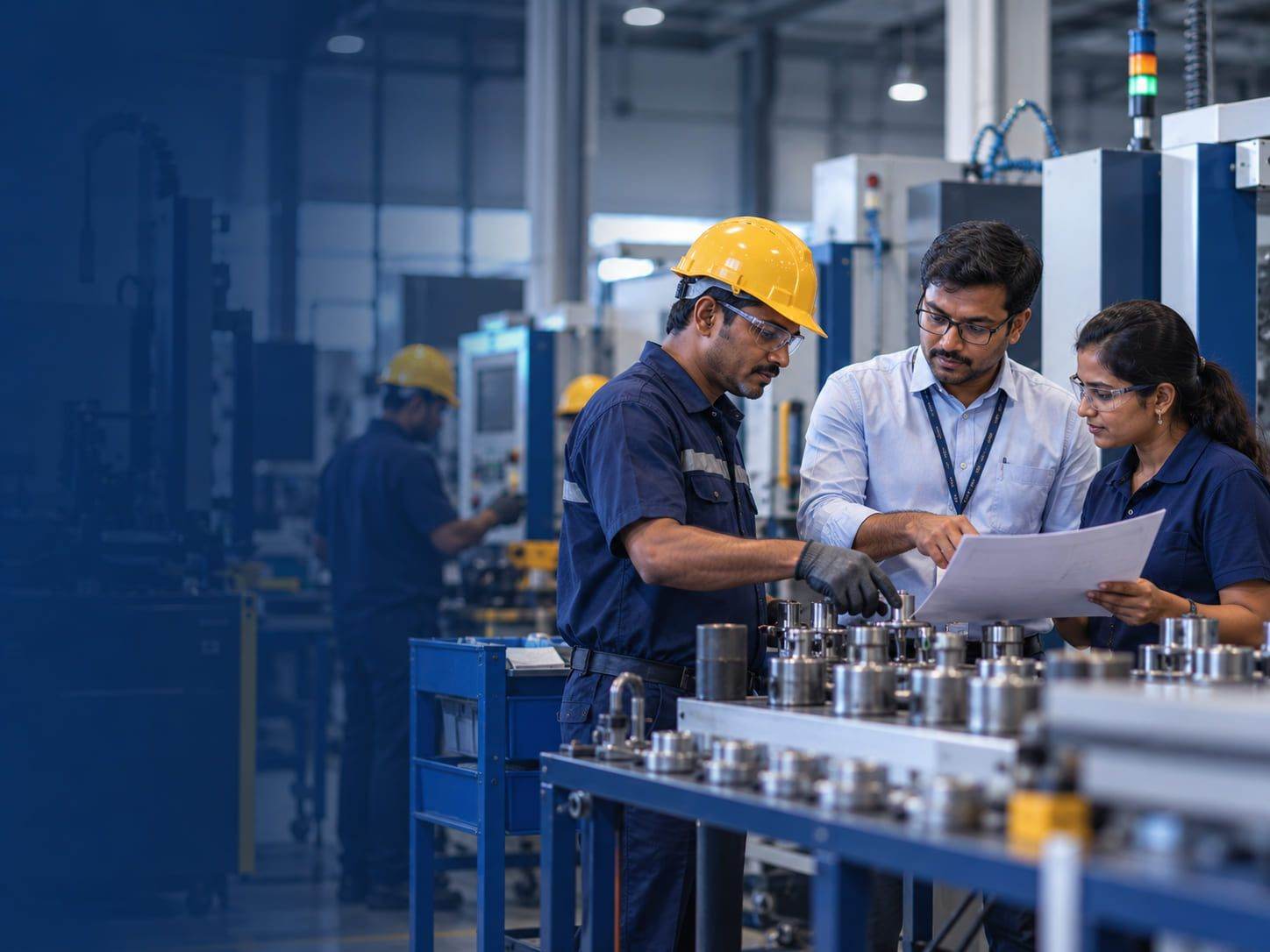 A production operator at her workstation on a busy manufacturing floor