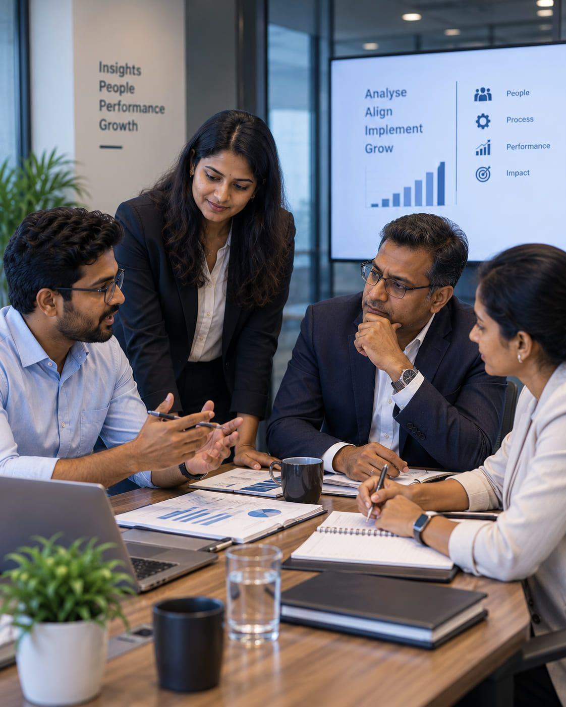 Consultants in discussion with a client during a review