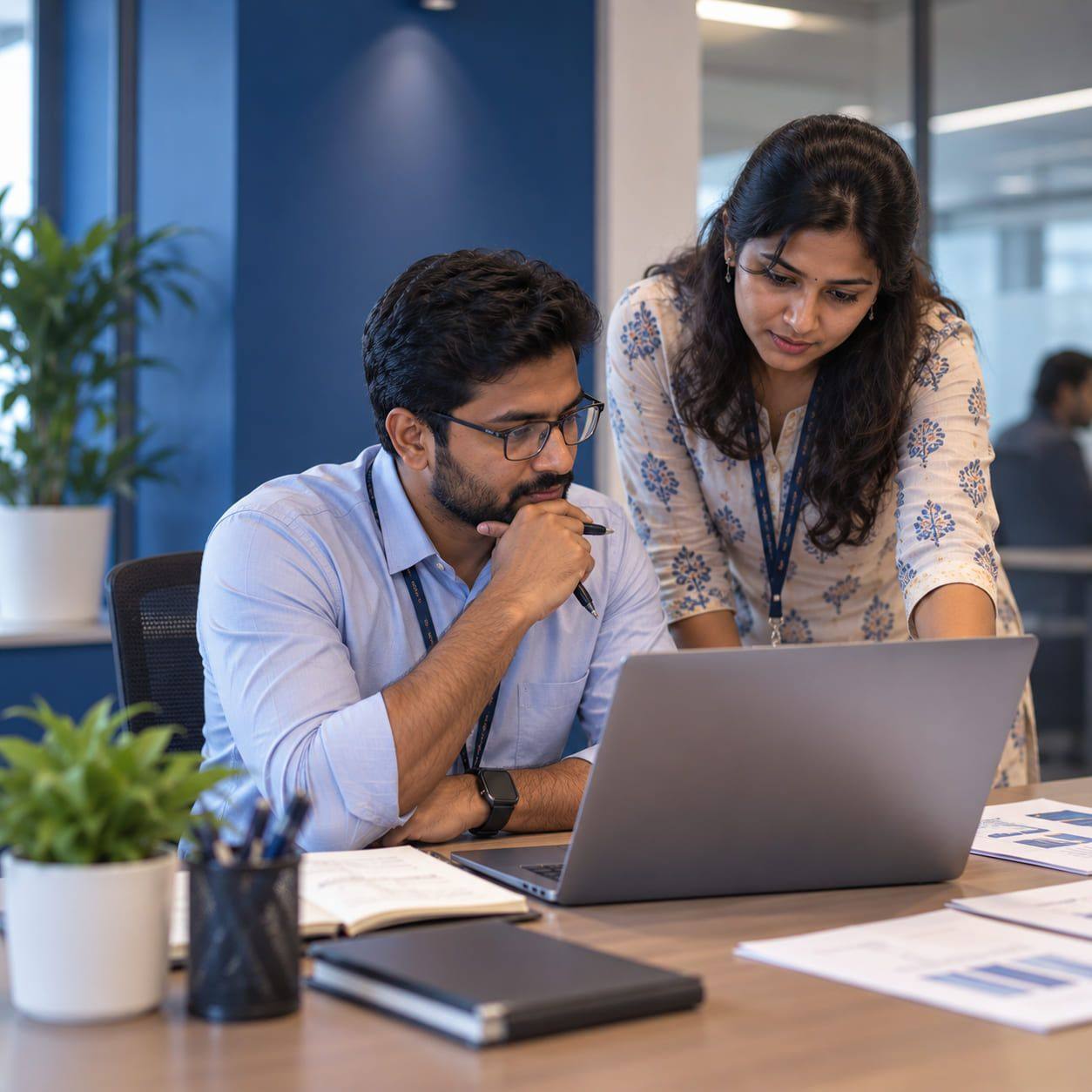 Two consultants reviewing plans together on a laptop