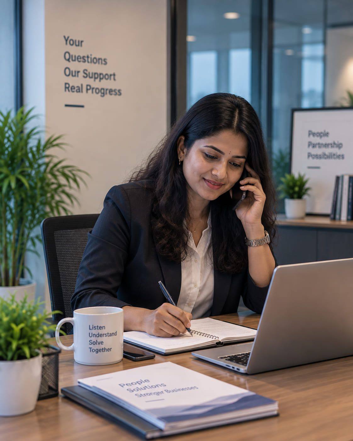 An office professional reviewing client paperwork at her desk